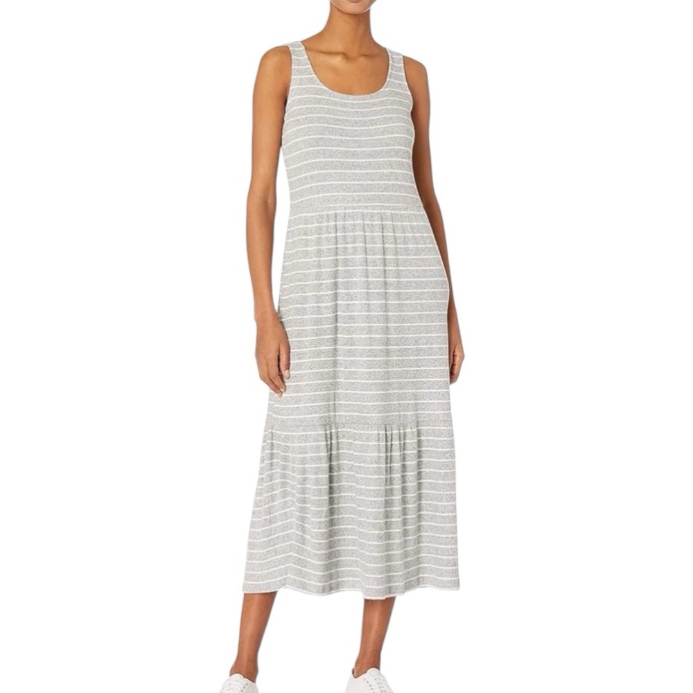NWT Daily Ritual Gray White Striped Ribbed Knit Tiered Scoop Neck Midi Dress - S